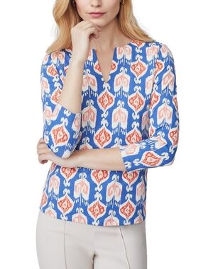J Mclaughlin Blue, Orange & Cream Ikat Split-Neck Tunic Top